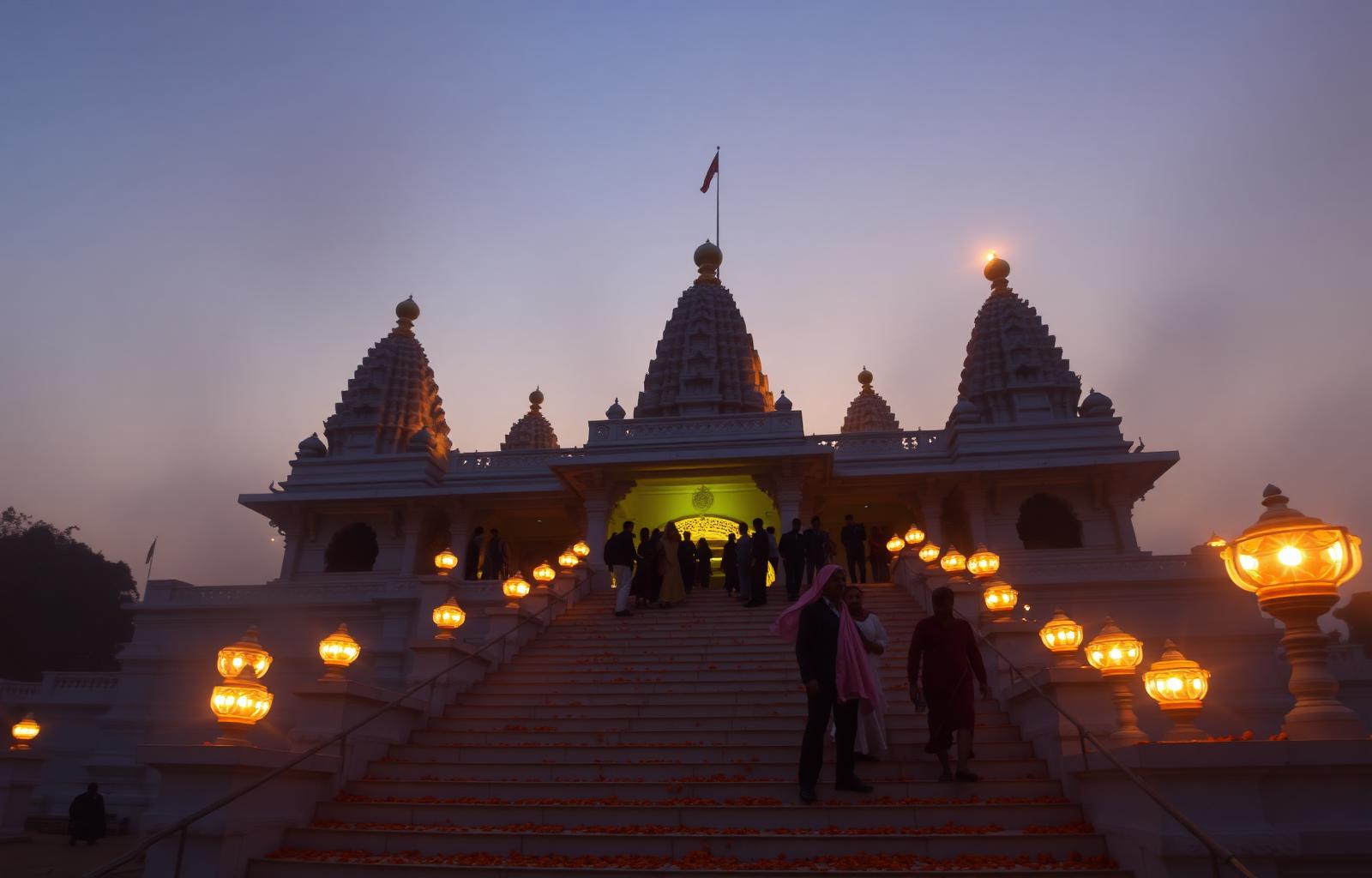 Becharaji Temple at dusk with lit lanterns along the steps